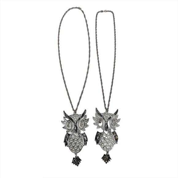 Vintage Pair of Articulated Owl Enamel Necklaces - Picture 1 of 5